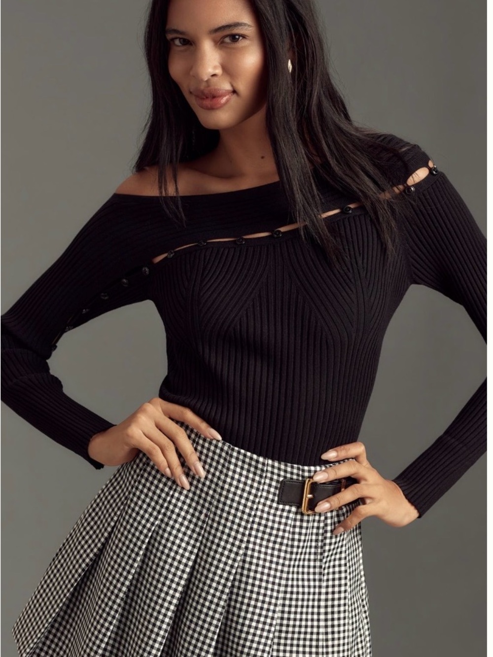 Anthropologie Black Off-Shoulder Ribbed Sweater with Eyelet Trim
